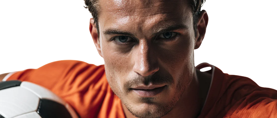 Nahaufnahme eines Fußballspielers mit orangefarbenem Trikot und Ball, Konzentration und Entschlossenheit sichtbar