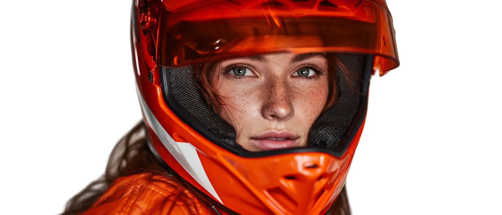 Nahaufnahme eines Fahrers mit orangefarbenem Vollvisierhelm, Fokus auf Sicherheit und Motorsport