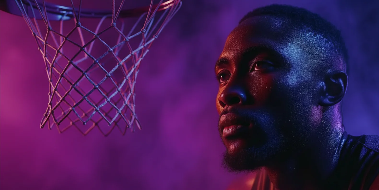 Dramatische Nahaufnahme eines Basketballspielers unter farbigem Licht, Konzentration und Risiko im Profisport