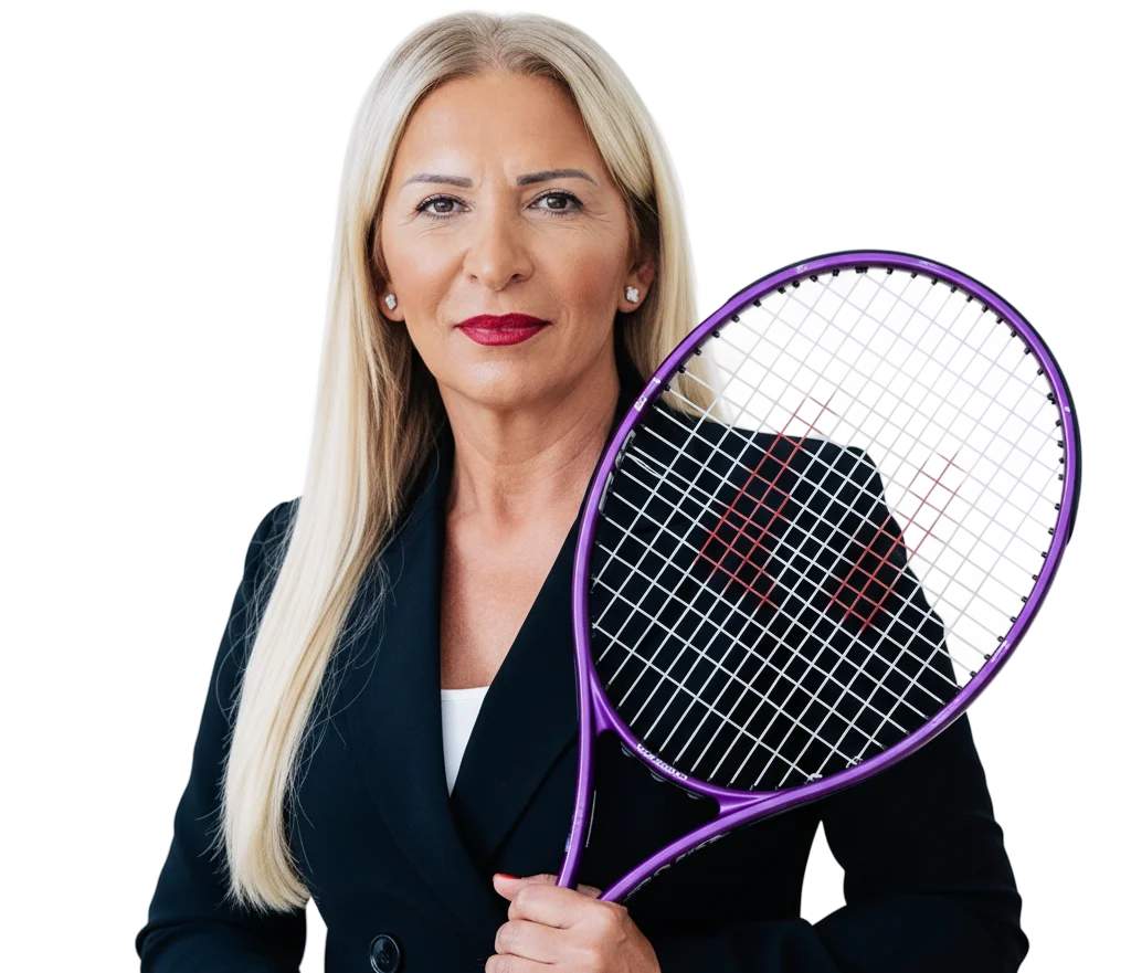 Person mit Tennisschläger in Business-Outfit, Verbindung von Professionalität und Sport
