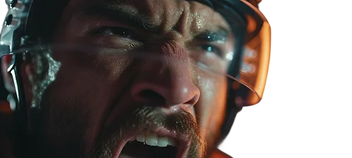 Nahaufnahme eines Eishockeyspielers mit Schutzhelm und Visier, Schweiß und Energie sichtbar