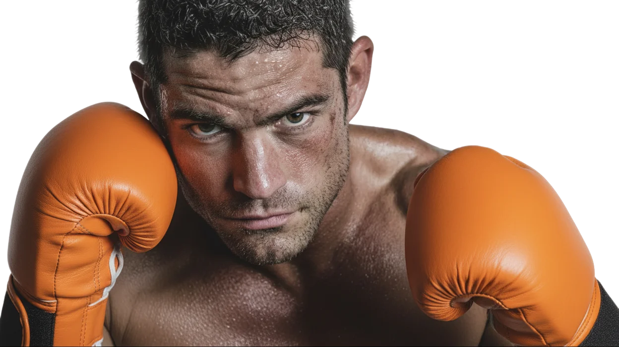 Nahaufnahme eines Boxers mit orangefarbenen Handschuhen, Fokus und Verteidigungshaltung im Profisport